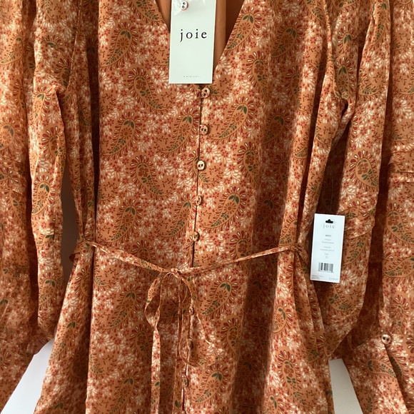 Joie 100% Silk Bree Mini Dress in Orange Caramel Multi Long Sleeve Self Belt - Picture 14 of 16